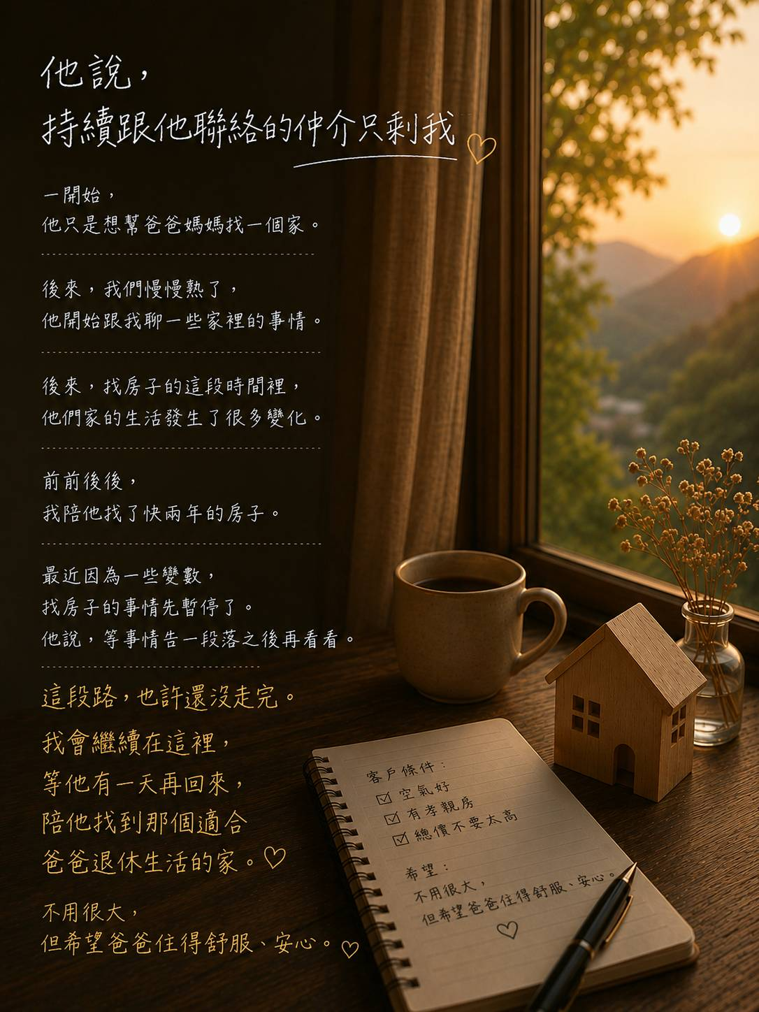 他說，持續跟他聯絡的仲介只剩我